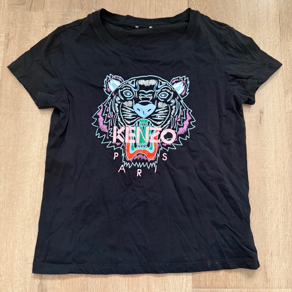 Kenzo‎ Paris Blue Tiger Pink Words Black Short Sleeve T Shirt Tee Top Women’s S